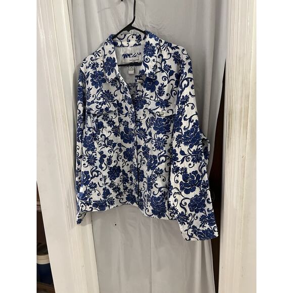 Lucy And Laurel Blue White Floral Linen Button Up Jacket Sz 3x - Picture 1 of 5